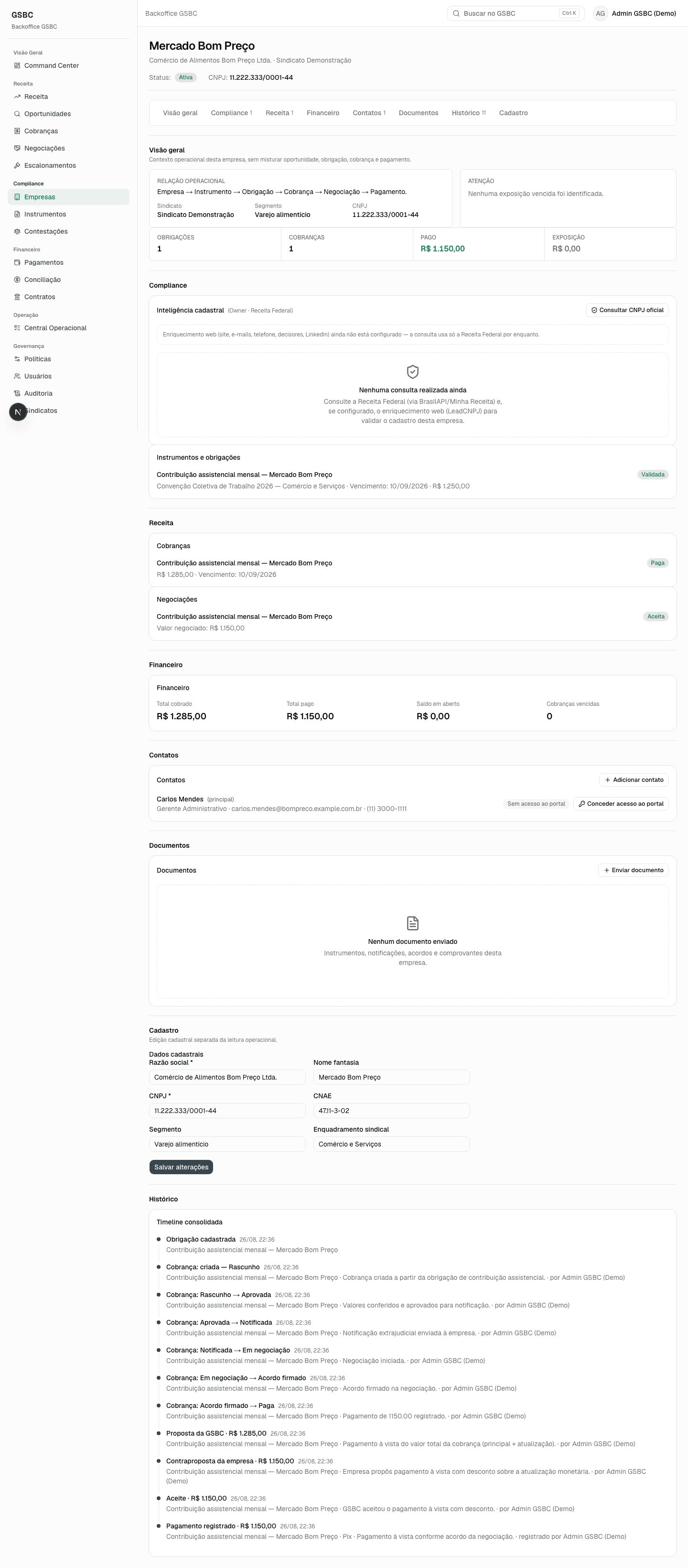 Tela real do workspace de empresa no GSBC com relações operacionais e histórico.